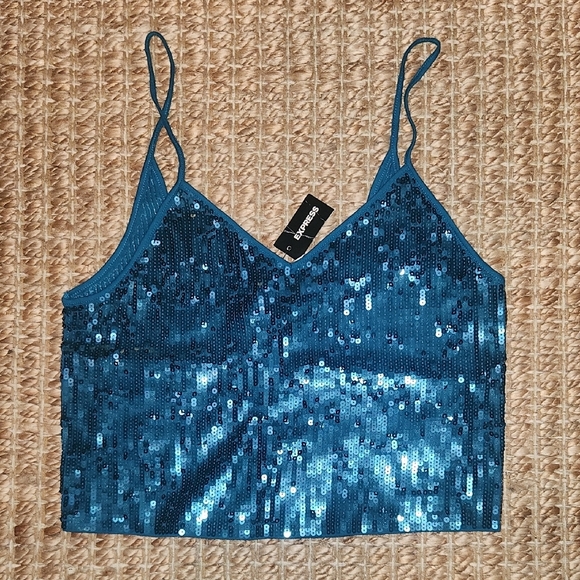 Express Blue Sequin Crop Camisole Top - Picture 1 of 3